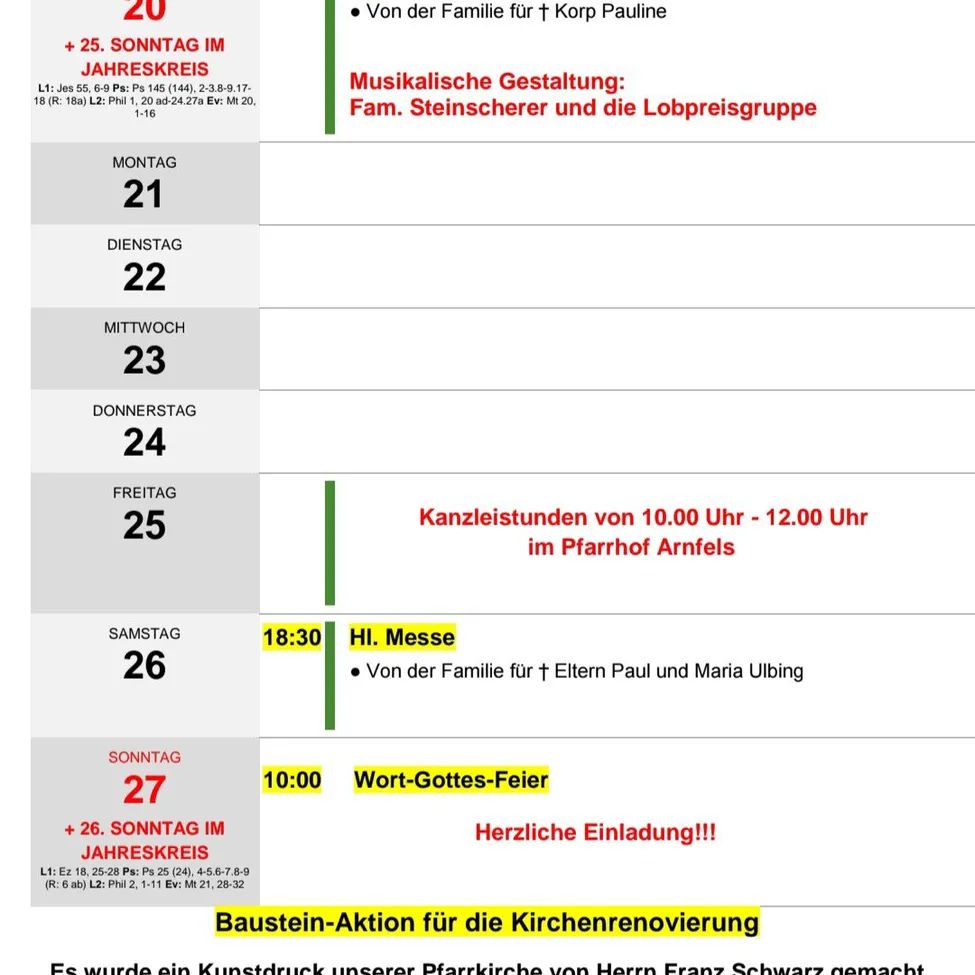 Ein wöchentlicher Zeitplan für Gottesdienste und Veranstaltungen, einschließlich Daten, Zeiten und Beschreibungen jedes Ereignisses. Der Zeitplan ist in Wochentage unterteilt, mit spezifischen Zeiten und Aktivitäten für jeden Tag aufgelistet.