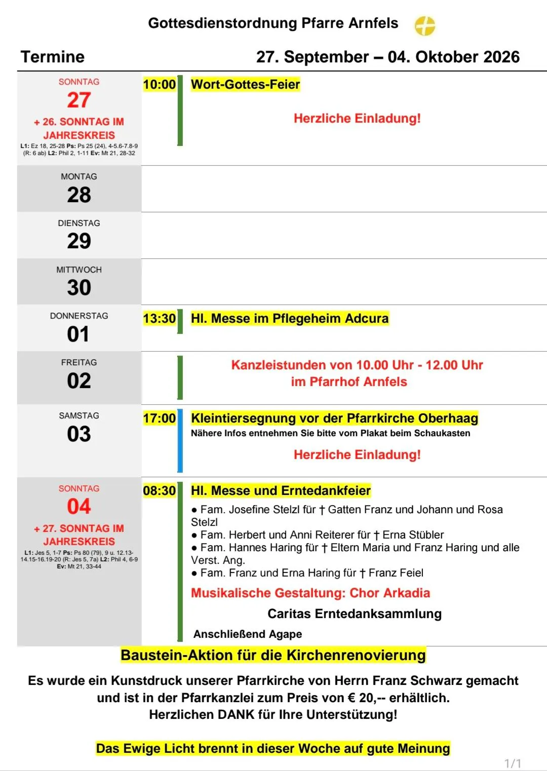 Ein wöchentlicher Zeitplan für eine Kirche in Deutschland, der verschiedene Veranstaltungen und Zeiten vom 27. September bis 4. Oktober 2026 aufführt.