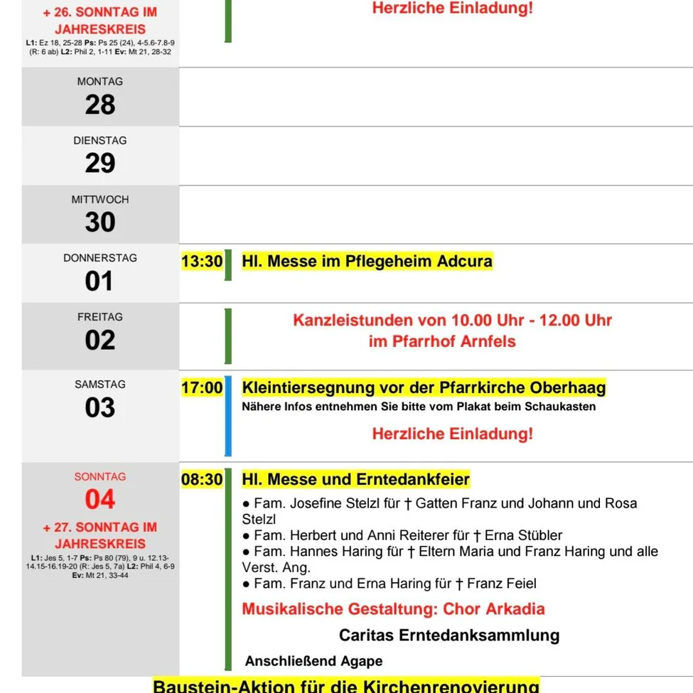 Ein wöchentlicher Zeitplan für eine Kirche in Deutschland, der verschiedene Veranstaltungen und Zeiten vom 27. September bis 4. Oktober 2026 aufführt.