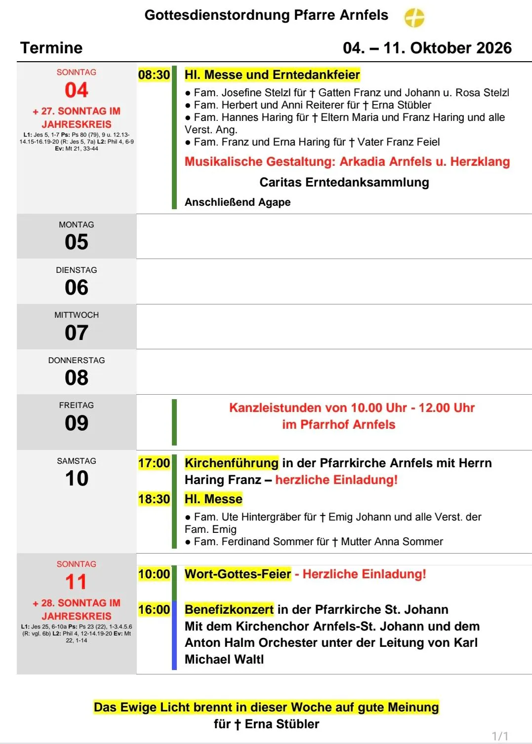 Ein Zeitplan für Gottesdienste und Veranstaltungen in der Woche vom 4. bis 11. Oktober 2026 in Pfarre Arnfels, Österreich.
