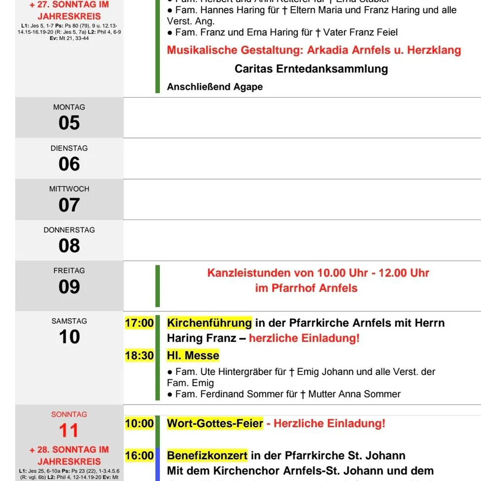 Ein Zeitplan für Gottesdienste und Veranstaltungen in der Woche vom 4. bis 11. Oktober 2026 in Pfarre Arnfels, Österreich.