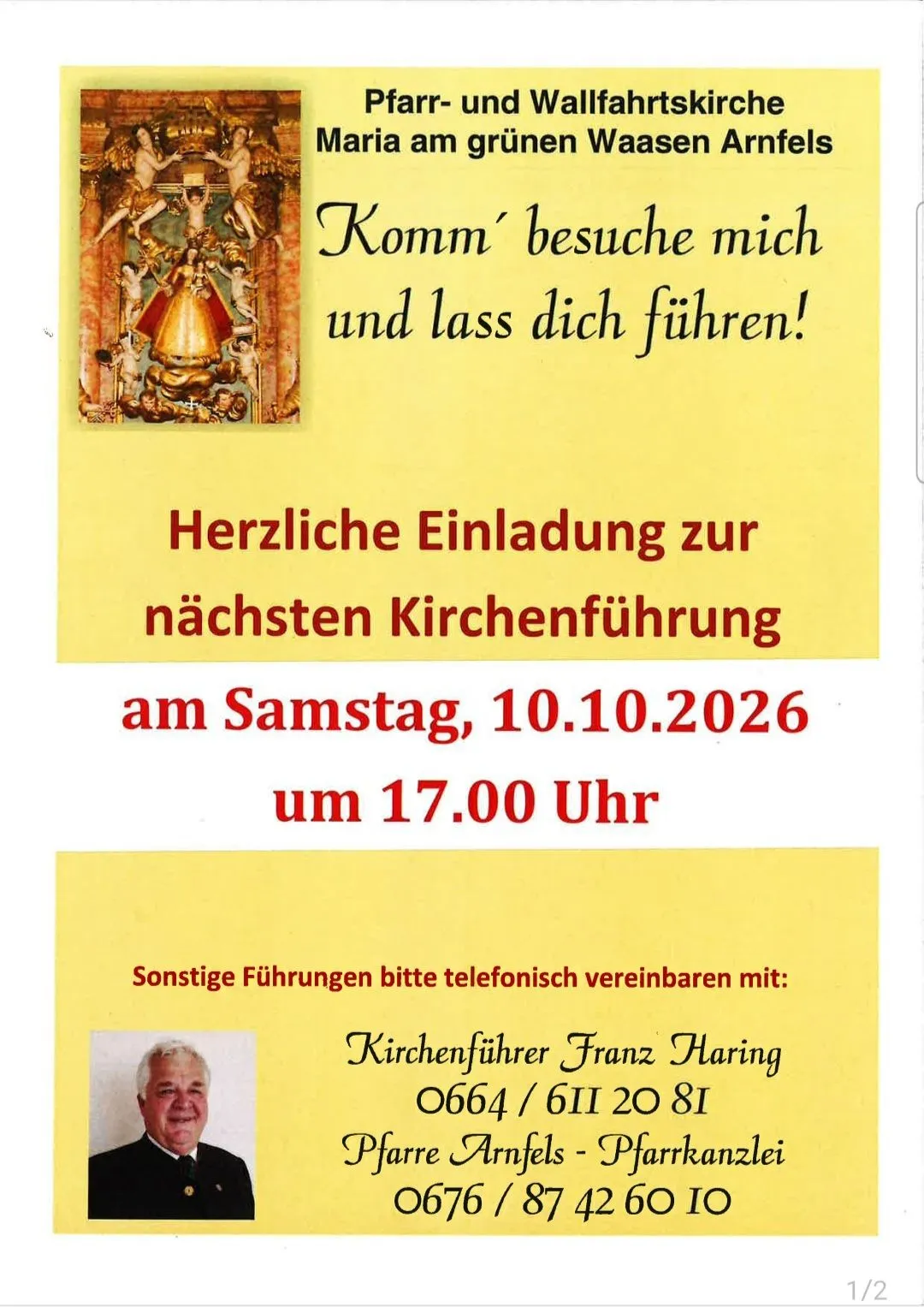Ein Plakat für eine Kirchenführung in Deutschland. Es zeigt ein religiöses Gemälde und Text auf Deutsch.