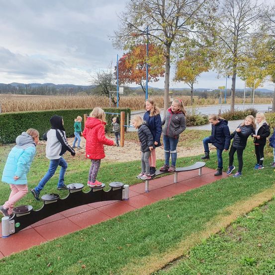 Eine Gruppe von Kindern spielt auf einer Wippe im Park. Einige stehen auf der Wippe, andere auf dem Boden. Bäume und Büsche sind im Hintergrund.