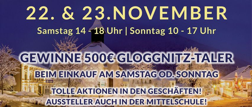 Eine Anzeige für Weihnachtsmarktveranstaltungen am 23. November mit einer Kirche, einem Kirchturm, Schnee und Bäumen. Es werden ein 500€-Gewinnspiel, Einkäufe am Samstag, Aktionen in Geschäften und Aufführungen hervorgehoben.