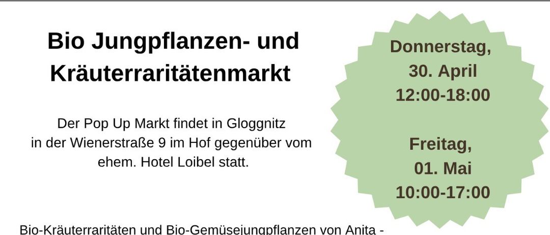 Flyer für den Pop Up Markt mit Bio-Jungpflanzen und Kräutererzeugnissen. Er findet am 30. April 2024 von 12:00 bis 18:00 und am 1. Mai 2024 von 10:00 bis 17:00 in Gloggnitzer statt. Besuchen Sie www.culturefly.net.