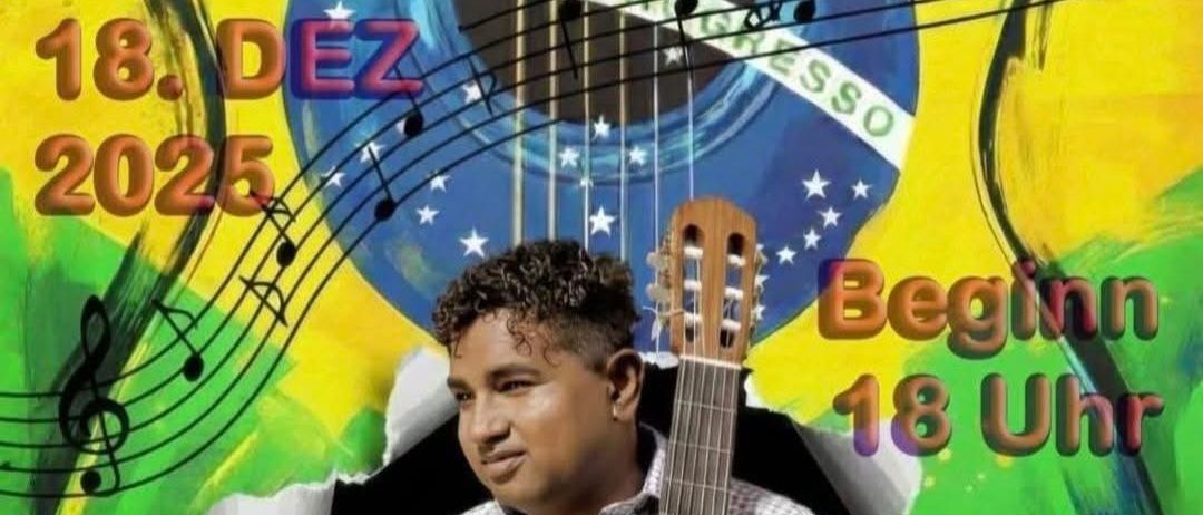 Ein Plakat für eine musikalische Veranstaltung im Oswald's Cafe Restaurant zeigt einen lächelnden Mann mit einer Gitarre. Der Text auf dem Plakat ist auf Deutsch und erwähnt den Termin 18. Dezember 2025, die Beginnzeit von 18:00 Uhr und freien Eintritt.