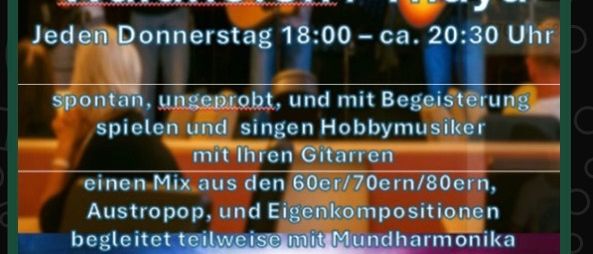 Eine Werbung für eine kostenlose Jam-Session im Restaurant OSWALD Waidhofen/Thaya. Sie findet jeden Donnerstag von 18:00 bis ca. 20:30 Uhr statt. Hobbymusiker spielen und singen einen Mix aus 60ern/70ern/80ern, Austropop und Eigenkompositionen, teilweise begleitet von Mundharmonika. Motto: nicht perfekt, aber mit Freude und Begeisterung. Veranstalter: Restaurant Oswald.