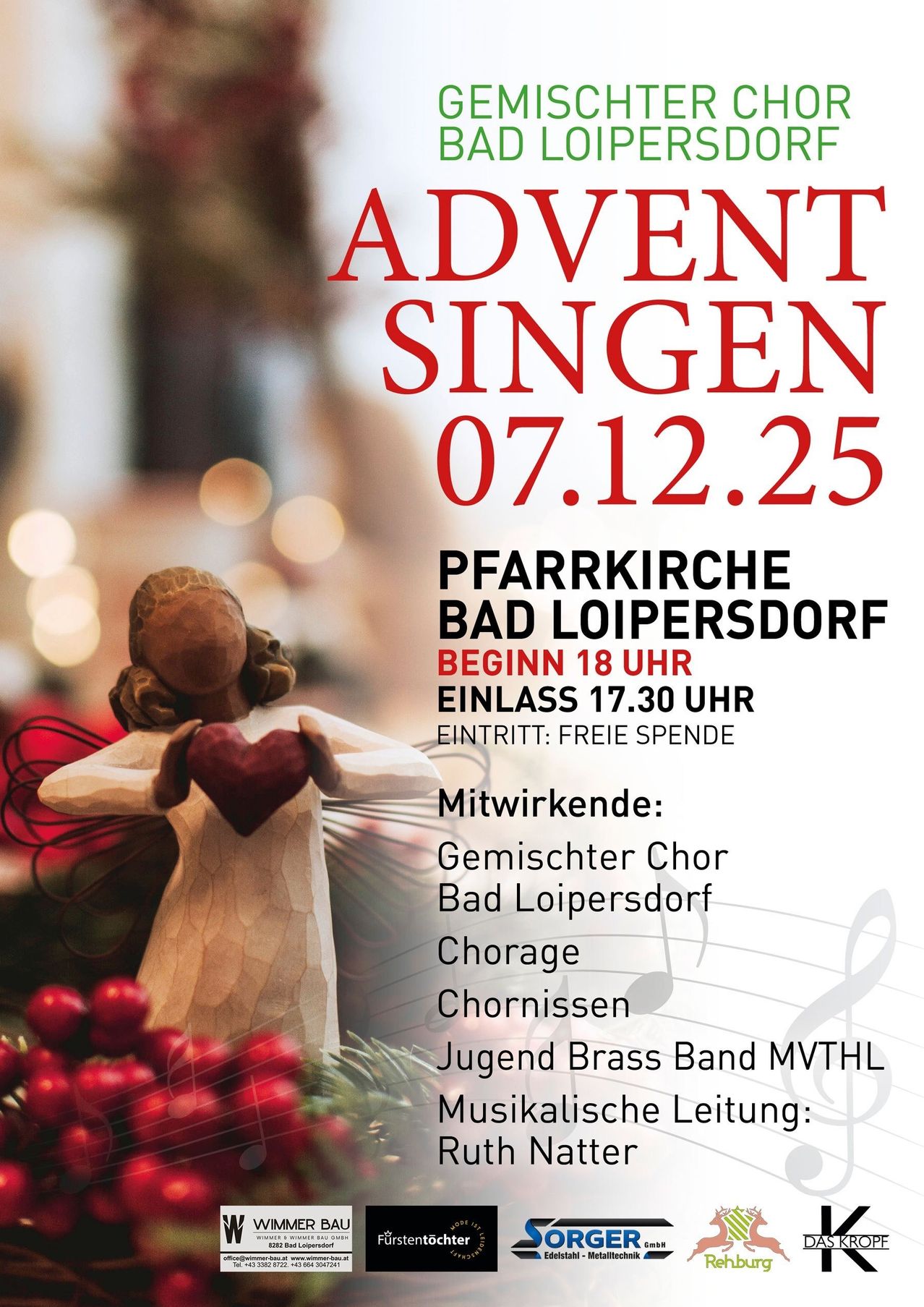 Plakat für das Adventsingen in der Pfarrkirche Bad Loipersdorf. Datum: 7. Dezember 2025. Beginn: 18 Uhr, Ende: 17:30 Uhr. Eintritt frei. Mitwirkende: gemischter Chor, Chor, Blechbläser und Jugendblaskapelle MVTHL. Musikalische Leitung vorhanden.