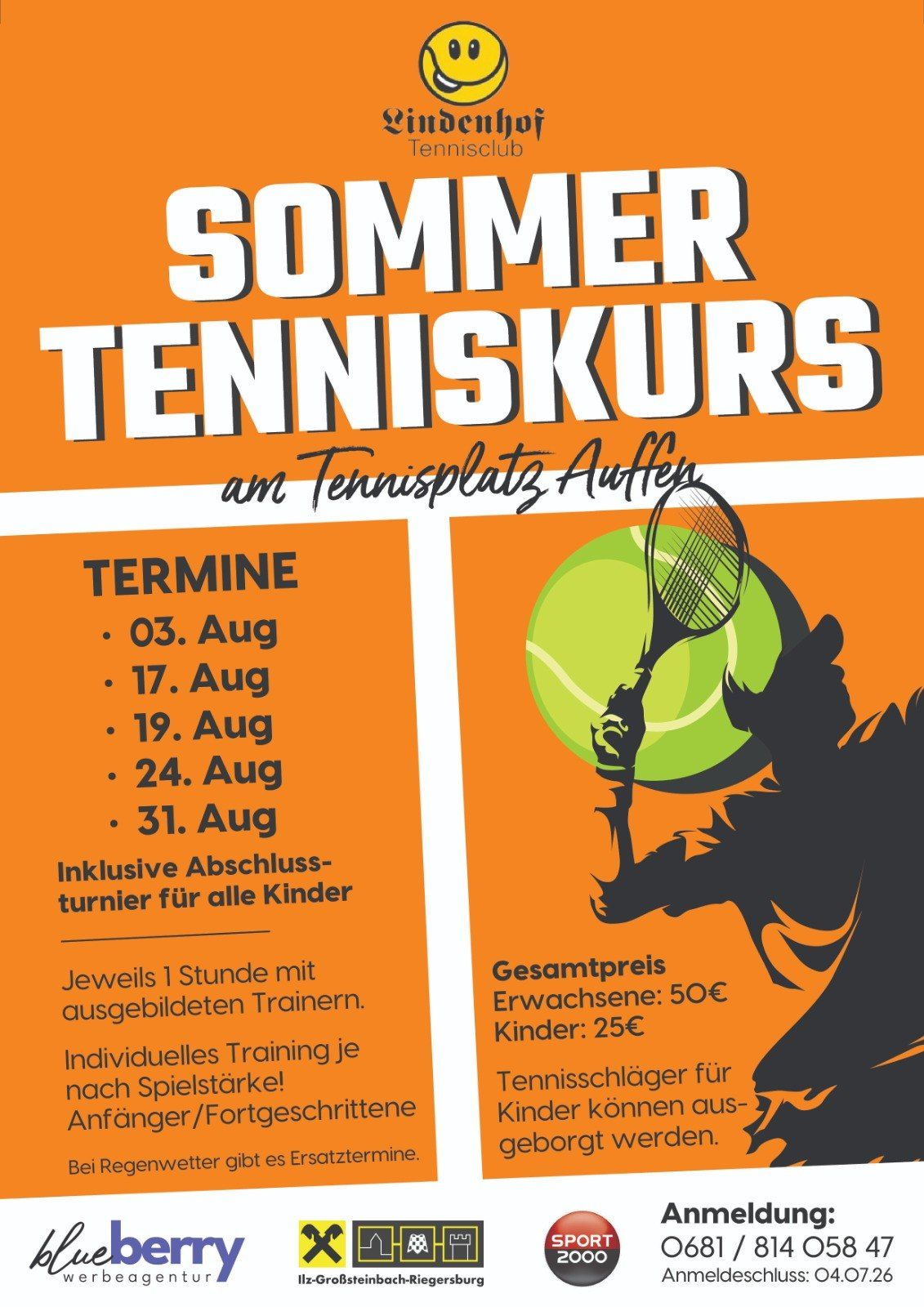 Plakat für einen Sommer-Tenniskurs. Zeigt eine Silhouette eines Tennisspielers mit Schläger und Ball. Termine sind 3., 17., 19., 24. und 31. August. Preis: 50€ für Erwachsene, 25€ für Kinder.