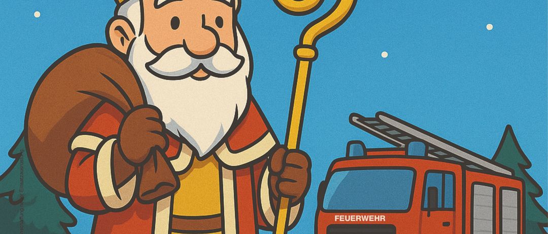 Illustration von Sankt Nikolaus, der einen Stab und einen Sack mit Geschenken hält. Datum und Uhrzeit der Veranstaltung sind 6. Dezember 2025, Beginn um 15 Uhr. Ein Feuerwehrwagen ist in der Nähe geparkt. Ein Schild sagt 'Nikolausbesuch mit Geschenken um 17:00 Uhr'. Ein anderes Schild sagt 'Toastlangos Spiralkartoffel Waffeln.'