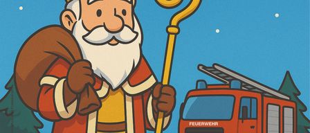Illustration von Sankt Nikolaus, der einen Stab und einen Sack mit Geschenken hält. Datum und Uhrzeit der Veranstaltung sind 6. Dezember 2025, Beginn um 15 Uhr. Ein Feuerwehrwagen ist in der Nähe geparkt. Ein Schild sagt 'Nikolausbesuch mit Geschenken um 17:00 Uhr'. Ein anderes Schild sagt 'Toastlangos Spiralkartoffel Waffeln.'