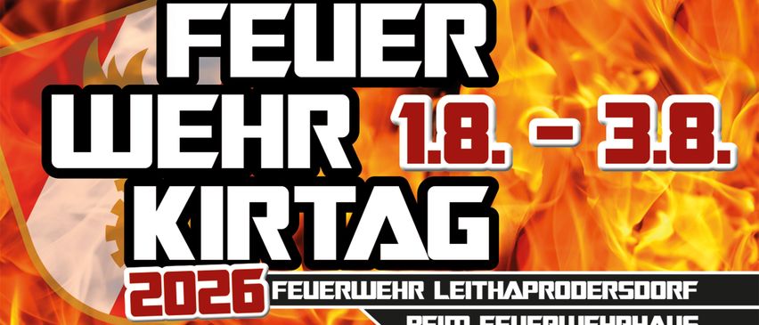 Eine Werbung für den Feuerwehrtag mit einem Feuerhintergrund und der Zahl 26 in Rot, mit dem Text 'Feuerwehr' und '1.8' in Weiß.