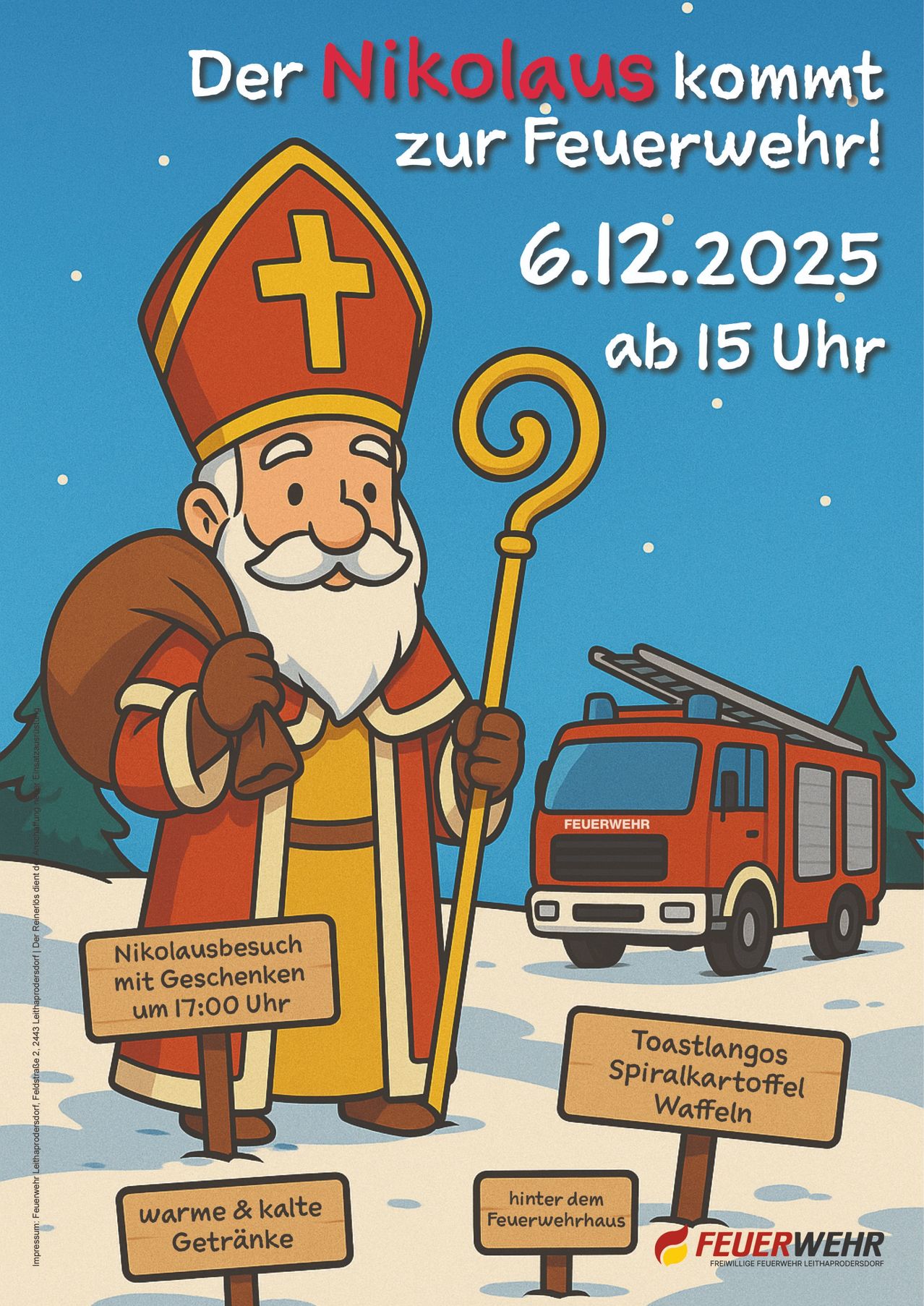 Illustration von St. Nikolaus mit einem Sack, der einen Stab und ein Schild mit der Aufschrift 'Nikolausbesuch mit Geschenken um 17:00 Uhr' hält. Das Datum '6.12.2025 ab 15 Uhr' ist angezeigt. Ein Feuerwehrwagen mit Leiter steht hinter ihm.