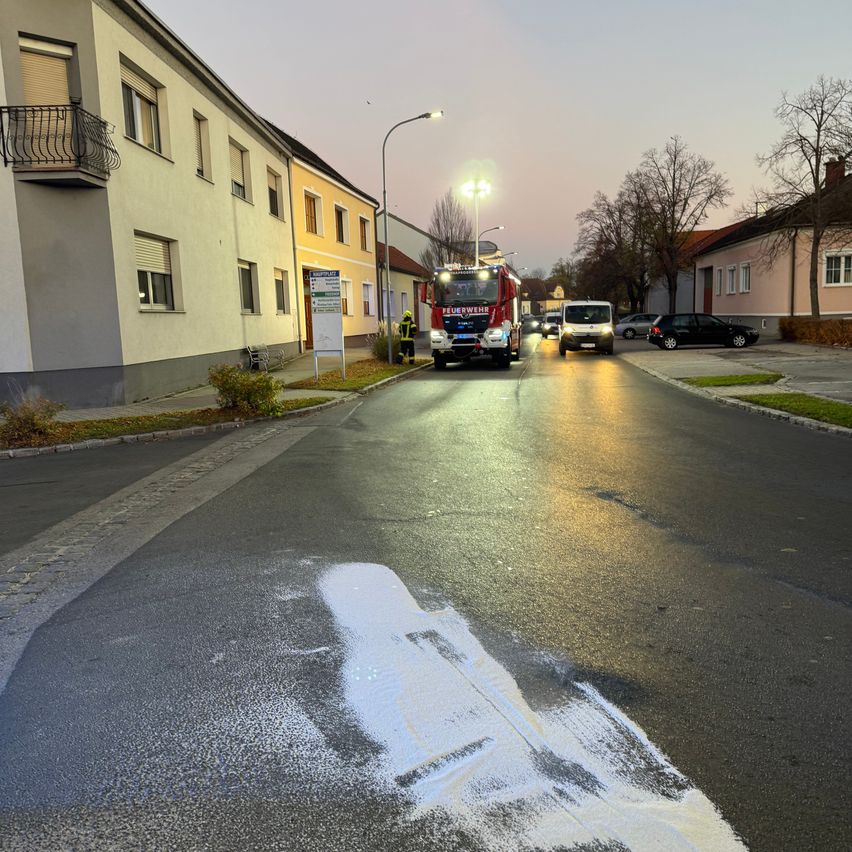 A fire truck is parked on the side of the road, with a person in a yellow vest nearby. There are houses and parked cars on both sides of the street.