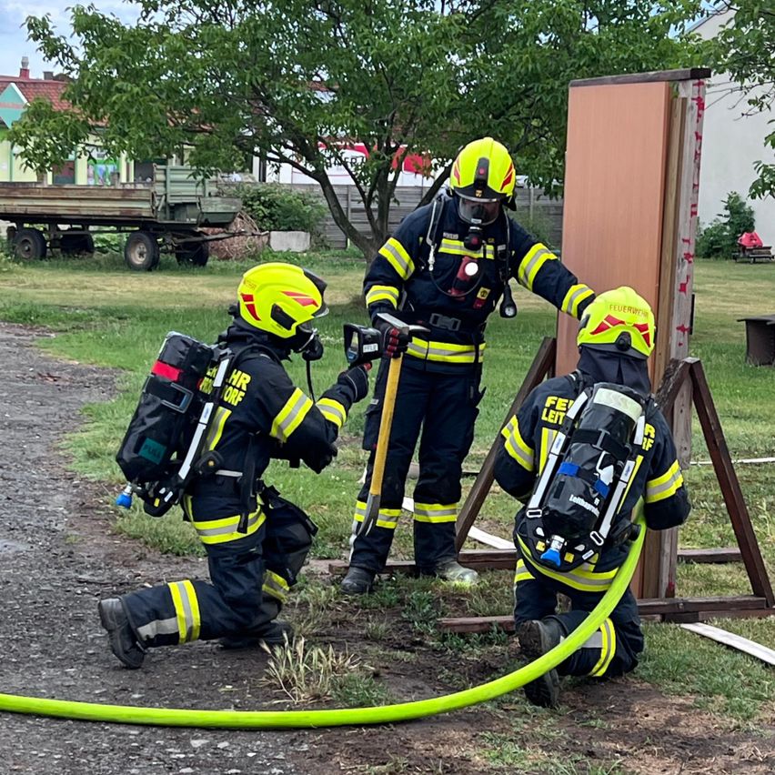 Three firefighters are preparing to extinguish a fire. One is kneeling, another stands behind a structure, and the third holds a hose. Trees and a building are in the background.