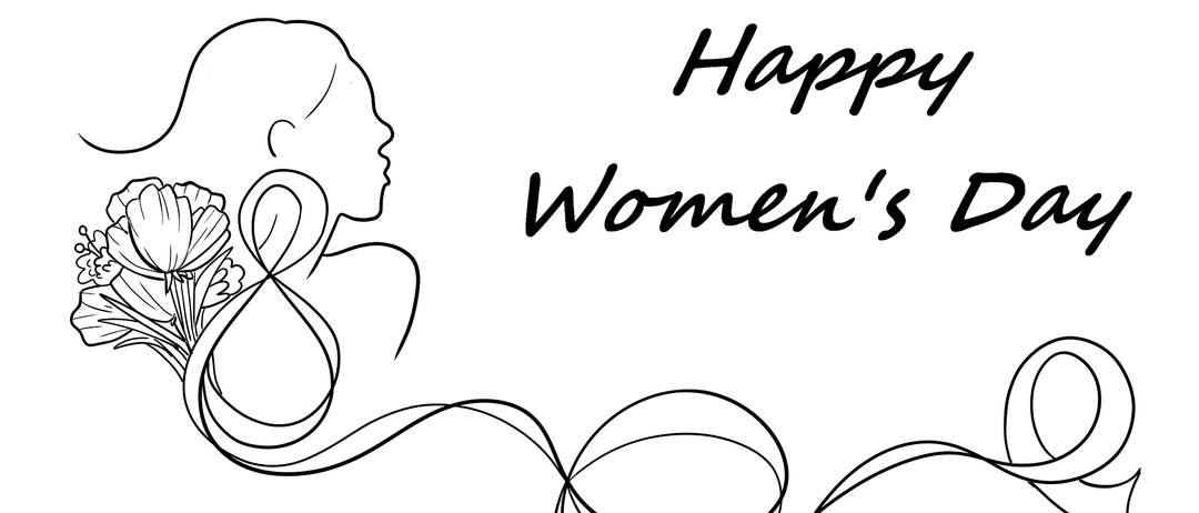 Eine stilisierte Illustration einer Frau mit einer Blume im Haar, mit dem Wort 'Happy Women's Day' in einer dekorativen Schrift geschrieben.