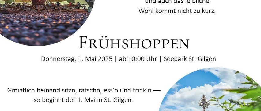 Veranstaltungsposter für die Maifeiertage in St. Gilgen mit einem Lagerfeuer und einem Berg mit einem hohen Baum. Der Text enthält Datum, Uhrzeit und Ort der Veranstaltung.
