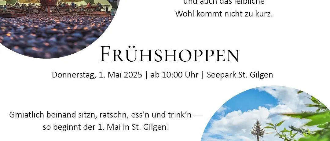 Veranstaltungsposter für die Maifeiertage in St. Gilgen mit einem Lagerfeuer und einem Berg mit einem hohen Baum. Der Text enthält Datum, Uhrzeit und Ort der Veranstaltung.
