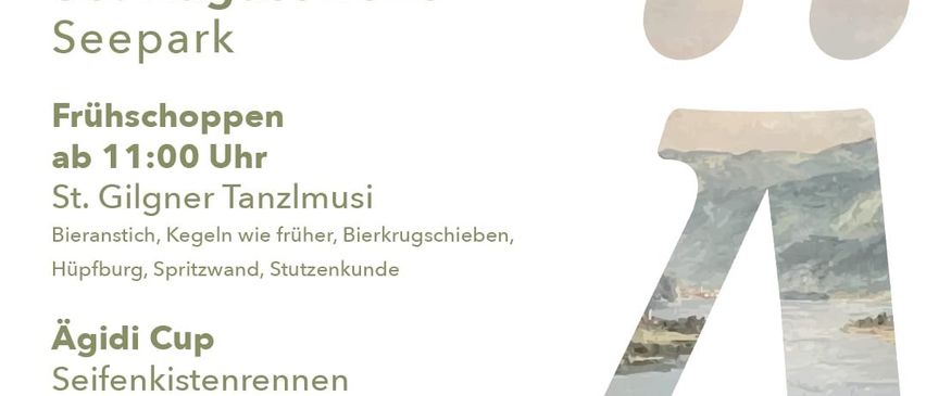 Plakat für das Agridium-Event in St. Gilgen am 30. August 2025. Beinhaltet frühes Einkaufen, traditionelle Spiele und ein Volksmusikfestival. Zeigt eine malerische Landschaft mit Bergen und einem See.