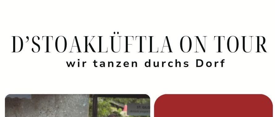 Eine Collage von Menschen in traditioneller deutscher Kleidung, die in Gruppen tanzen. Datum und Uhrzeit sind auf der rechten Seite aufgelistet.