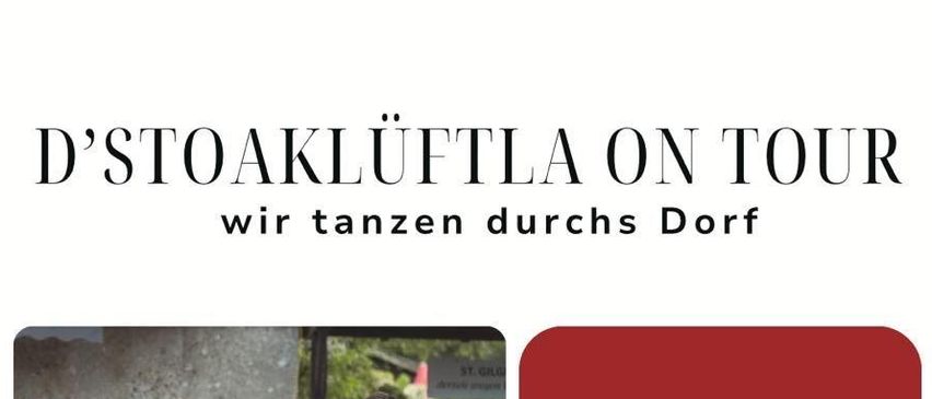 Ein Flyer mit einer Gruppe von Menschen, die in traditioneller Kleidung tanzen. Datumsangabe für Juli und August. Zeiten sind von 19:00 bis 21:00. Orte sind Kirchenplatz und Mozartplatz.