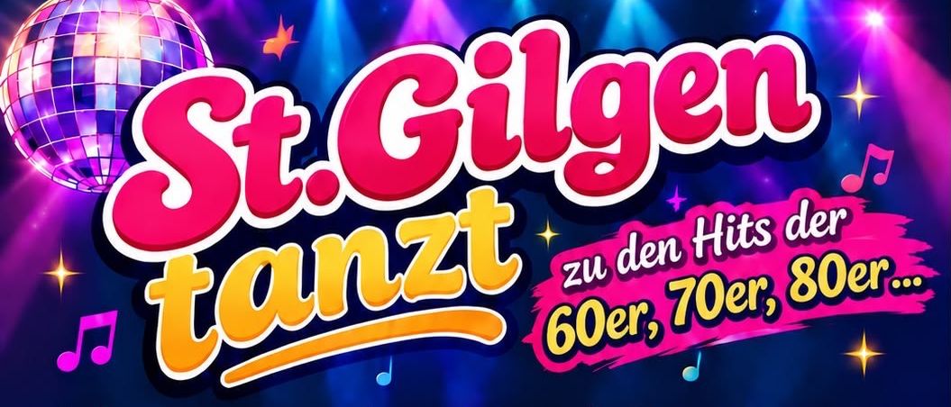 Ein leuchtendes Plakat für eine Tanzveranstaltung in St. Gilgen, mit einer Silhouette eines Tänzers, Discokugeln und Musiknoten.
