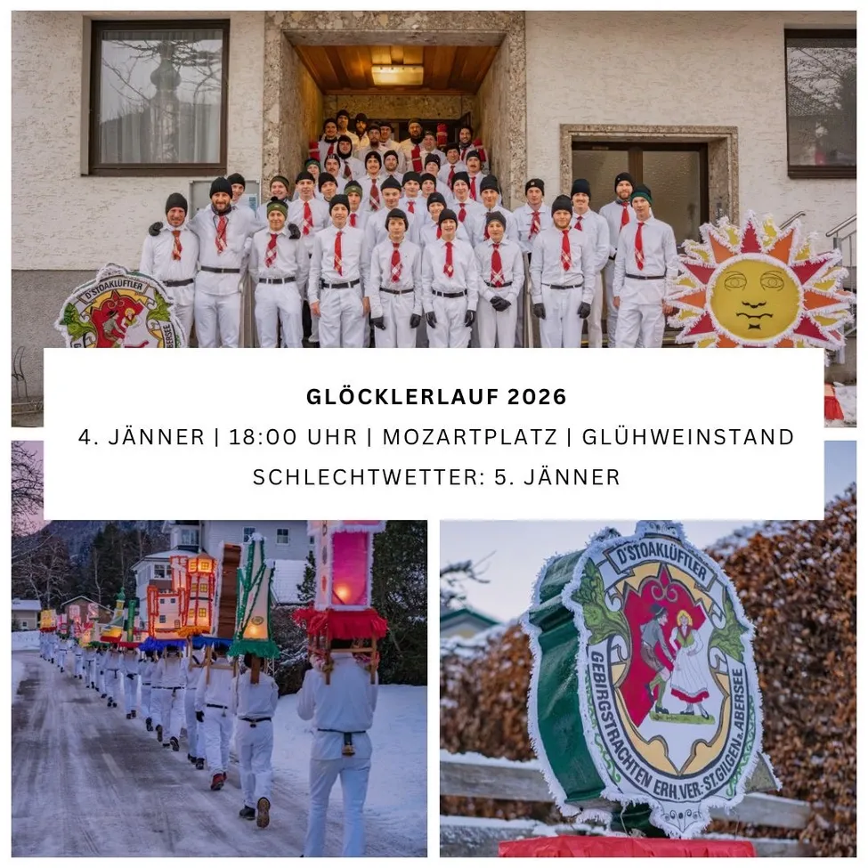 Eine Gruppe von Menschen in weißen Outfits, die Laternen tragen und rote Schals tragen, marschiert auf einer verschneiten Straße. Der Text oben sagt 'GLOCKERLAUF 2026'. Darunter steht ein Text über eine Veranstaltung, die am 4. und 5. Januar stattfindet.