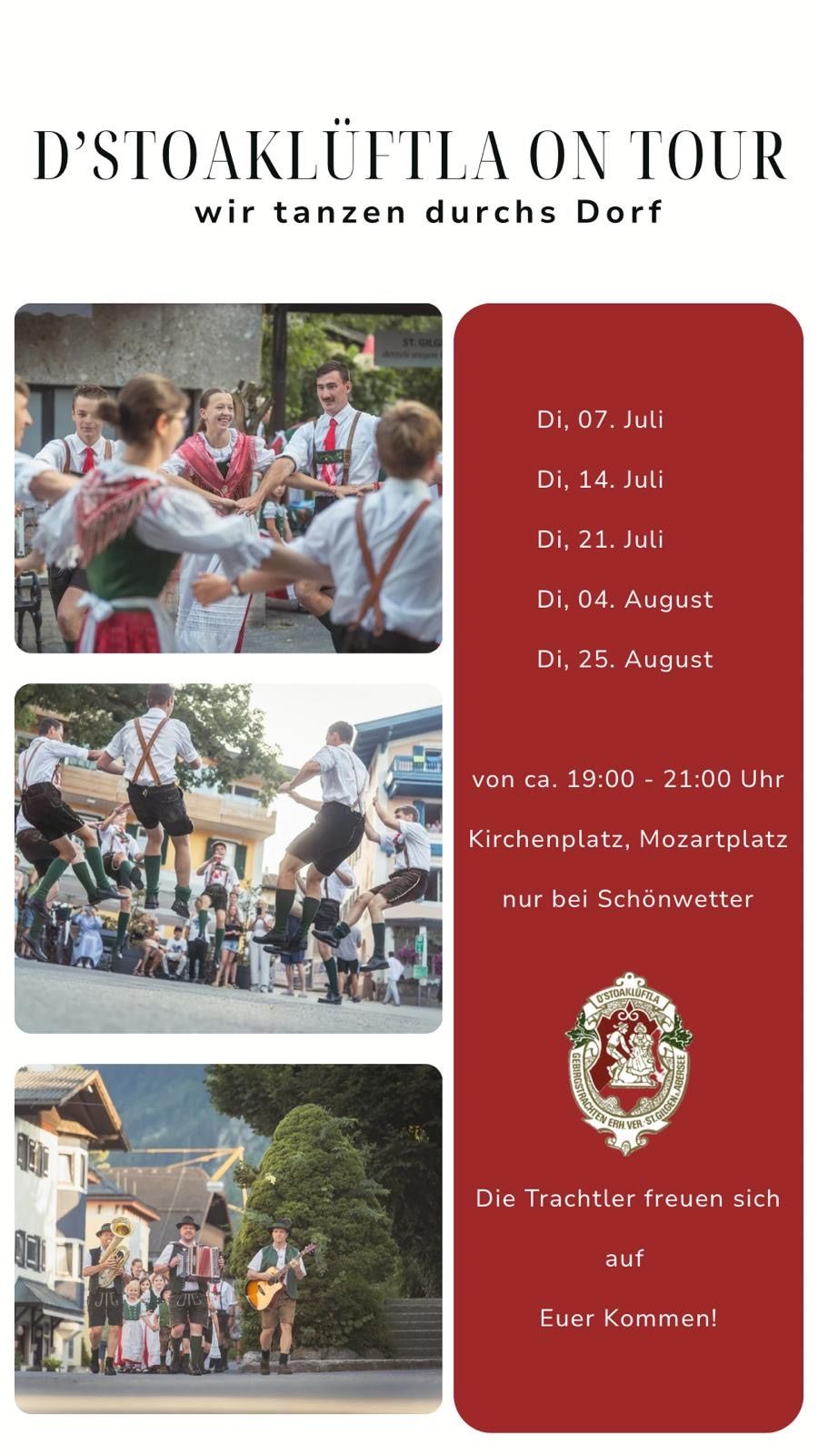 Eine Gruppe von Menschen in traditioneller Kleidung führt einen Tanz auf der Straße auf. Die Veranstaltung ist für bestimmte Termine im Juli und August geplant.
