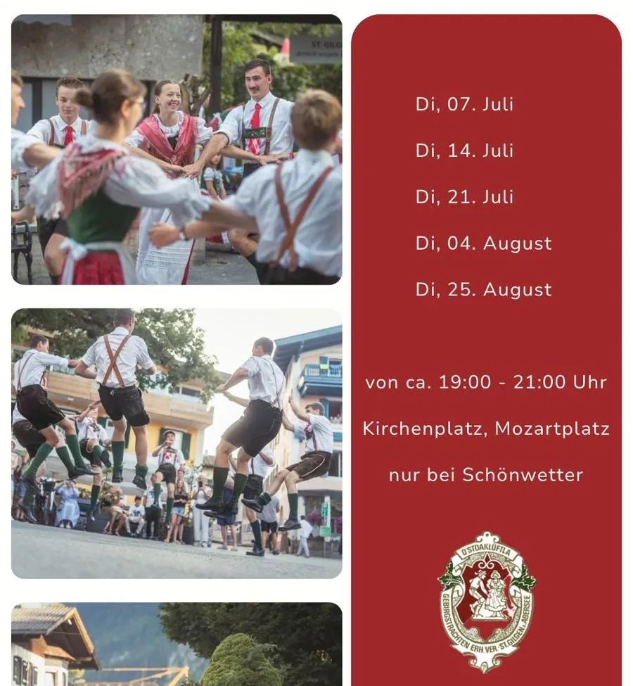 Eine Gruppe von Menschen in traditioneller Kleidung führt einen Tanz auf der Straße auf. Die Veranstaltung ist für bestimmte Termine im Juli und August geplant.