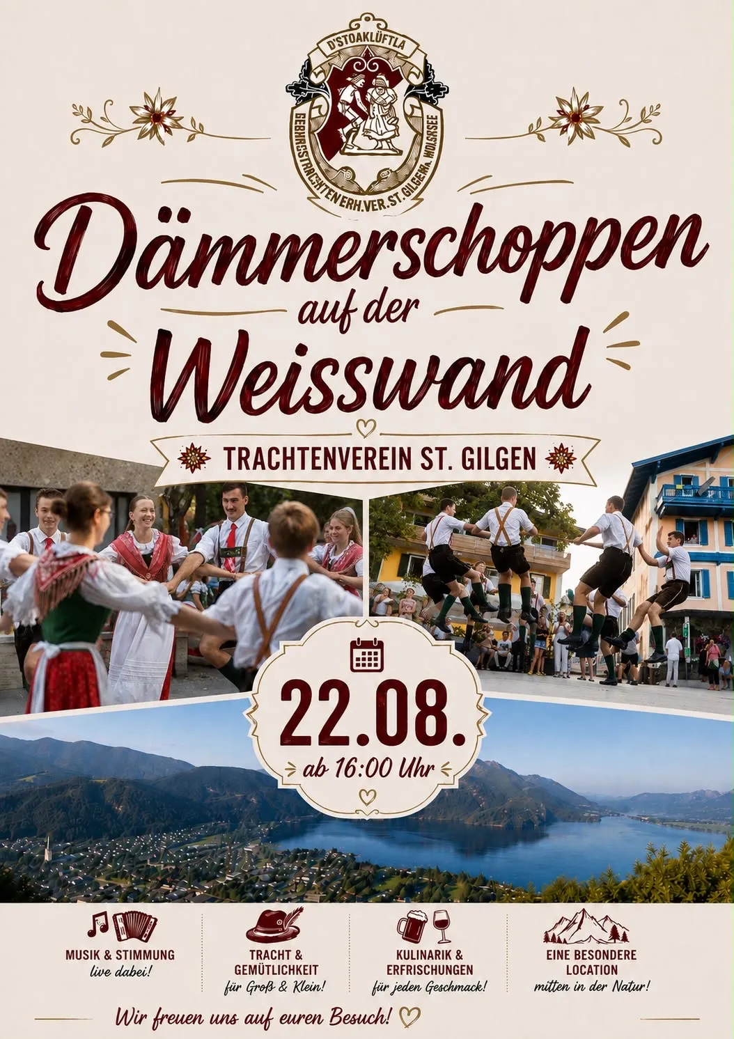 Plakat für Dämmerschoppen-Veranstaltung in Weisswand, mit traditionellen Tänzern, Bergen und einem See, Datum 22.08 und Zeit 16:00.