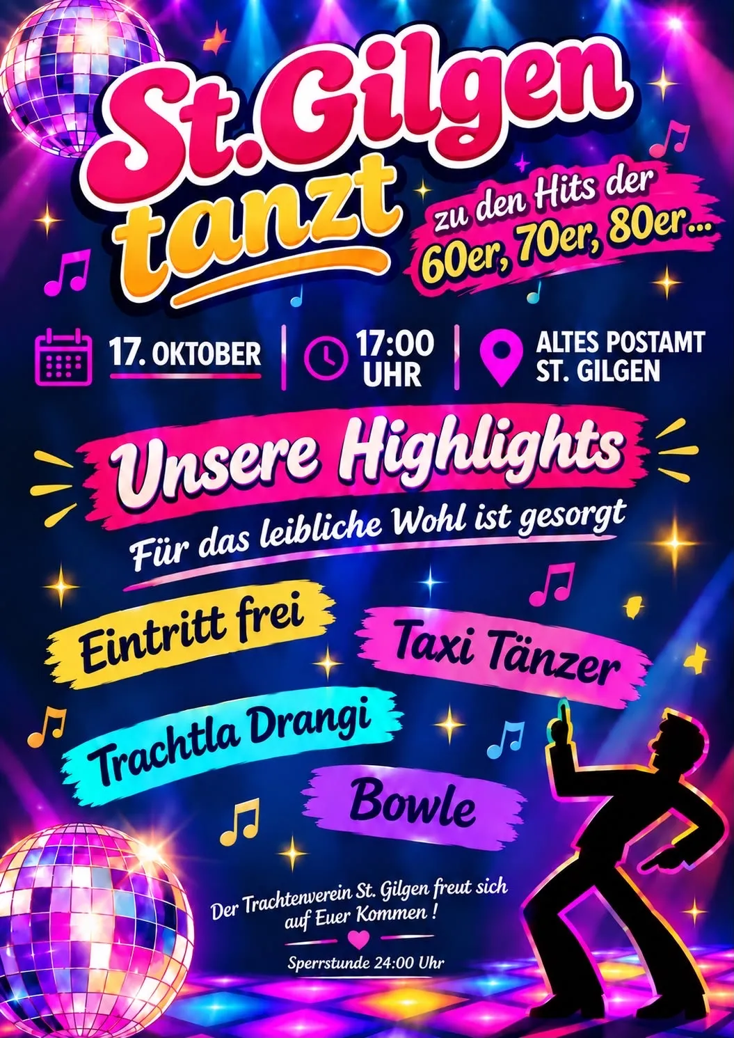 Plakat für eine kostenlose Tanzveranstaltung am 17. Oktober um 17 Uhr im Alten Postamt St. Gilgen. Mit Silhouetten von Tänzern, Musiknoten und einer Discokugel.