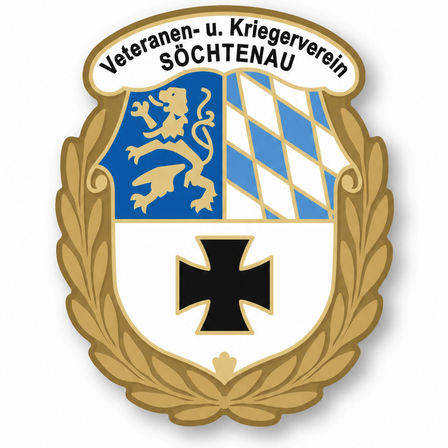 Ein heraldisches Emblem mit einem Löwen auf blau-weiß kariertem Hintergrund, einem schwarzen Kreuz auf einem weißen Schild und einem Lorbeerkranz darum, mit dem Text 'Veteranen-u. Kriegerverein Sochtenau' darüber.