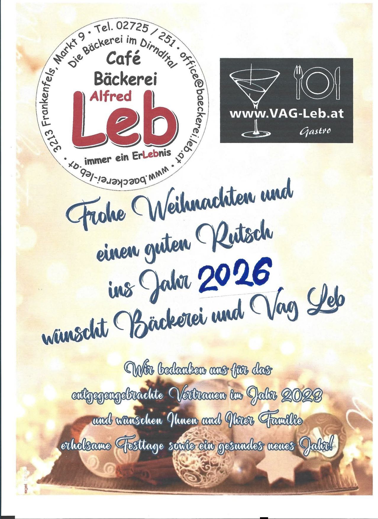 Eine Werbung für 'Backerei Alfred Leb', eine Bäckerei mit der Website 'www.VAG-Leb.at', die ein glückliches neues Jahr 2026 wünscht. Sie zeigt ein festliches Design mit Wünschen für Gesundheit, Freude und Wohlstand.