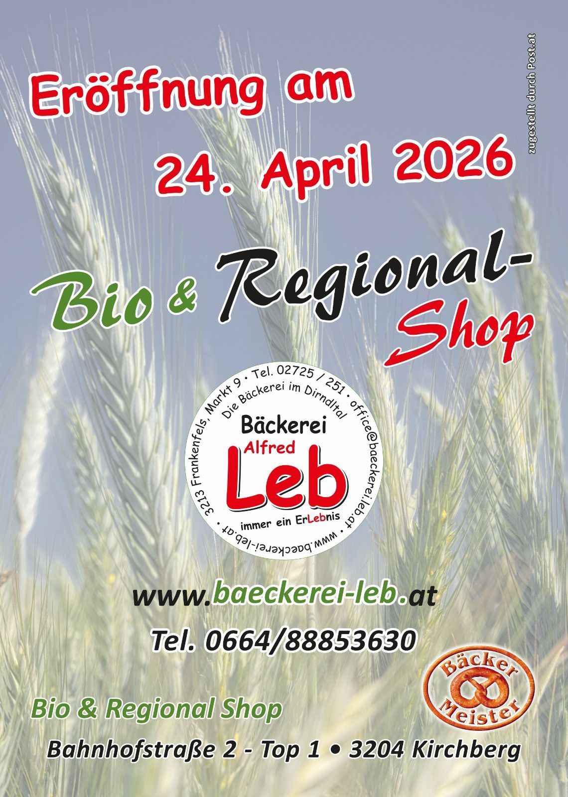Werbung für Bio und Regional Shop Event am 24. April 2026. Präsentiert von Bäckerei Leb mit Kontaktdaten und Webseite.