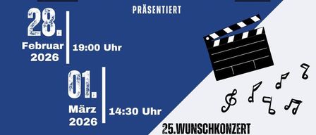 Plakat für zwei Kinoveranstaltungen: 'TATORT: Altes Kino' am 28. Februar 2026 um 19:00 und am 1. März 2026 um 14:30, mit einer Filmkamera und Noten. Special Guest: Lehritzer Jugendblasorchester.