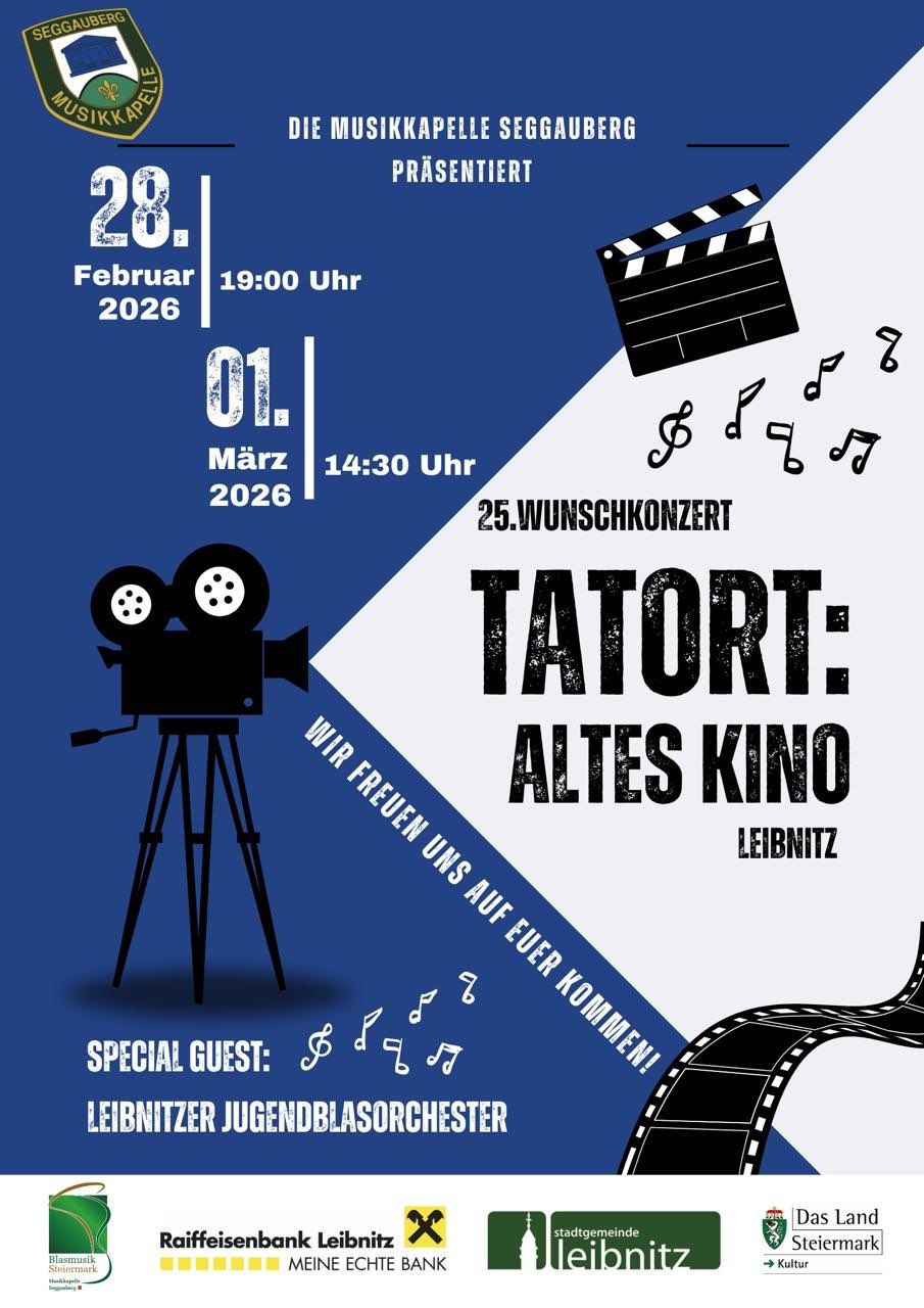 Ein Veranstaltungsposter für eine Filmvorführung von 'Alles Alte Kino' am 28. Februar 2026 um 19:00 und 1. März 2026 um 14:30. Das Poster zeigt eine Filmkamera, ein Klappbrett und Musiknoten. Spezieller Gast ist das Leinitzer Jugendblasorchester.