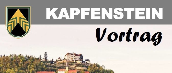 Werbeposter für einen Vortrag über digitale Medien, geplant für Mittwoch, 16. September 2026, um 19:00 im Gemeindezentrum Kapfenstein. Zeigt eine malerische Hügellandschaft mit Häusern, Weinbergen und einer Burg.