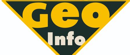 Ein schwarzer Diamant mit gelben Kanten enthält das Wort 'Geo' in Gelb und 'Info' darunter, mit einem Bild eines Vulkanausbruchs im Hintergrund.