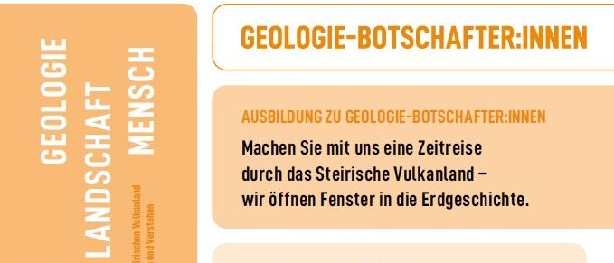 Machen Sie mit uns eine Zeitreise durch das Steirische Vulkanland - wir öffnen Fenster in die Erdgeschichte. Termine: Fr, 17. April 2026, 13:30-17:00 Uhr, Sa, 18. April 2026, 9:00-16:00 Uhr, Sa, 25. April 2026, 9:00-16:00 Uhr.