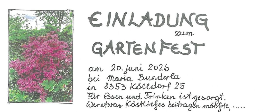 Das Plakat kündigt ein Gartenfest am 20. Juni 2026 bei Maria Bunderl in Kolldorf an. Die Aktivitäten umfassen Glasgartenkunst, Spinnkurse mit Spinnrädern und eine Einführung in biologische Naturschutzgebiete.
