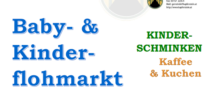 Plakat für einen Baby- und Kinderflohmarkt in Kapfenstein, Österreich. Die Veranstaltung findet am Samstag, den 17. Oktober 2026, in der Sporthalle statt. Die Anmeldung für den Verkauf erfolgt über die Gemeinde Kapfenstein.