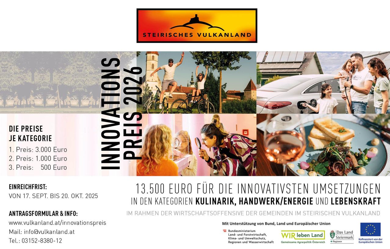 Das Bild zeigt ein Plakat für einen Wettbewerb mit dem Titel 'Innovationspreis 2026'. Es enthält eine Collage von Bildern, darunter Menschen beim Radfahren, ein Ladeauto und eine Frau, die etwas genau betrachtet. Das Plakat enthält auch den Preis des Wettbewerbs von 13.500 Euro und die Kategorien: Kulinarik, Handwerk/Energie.