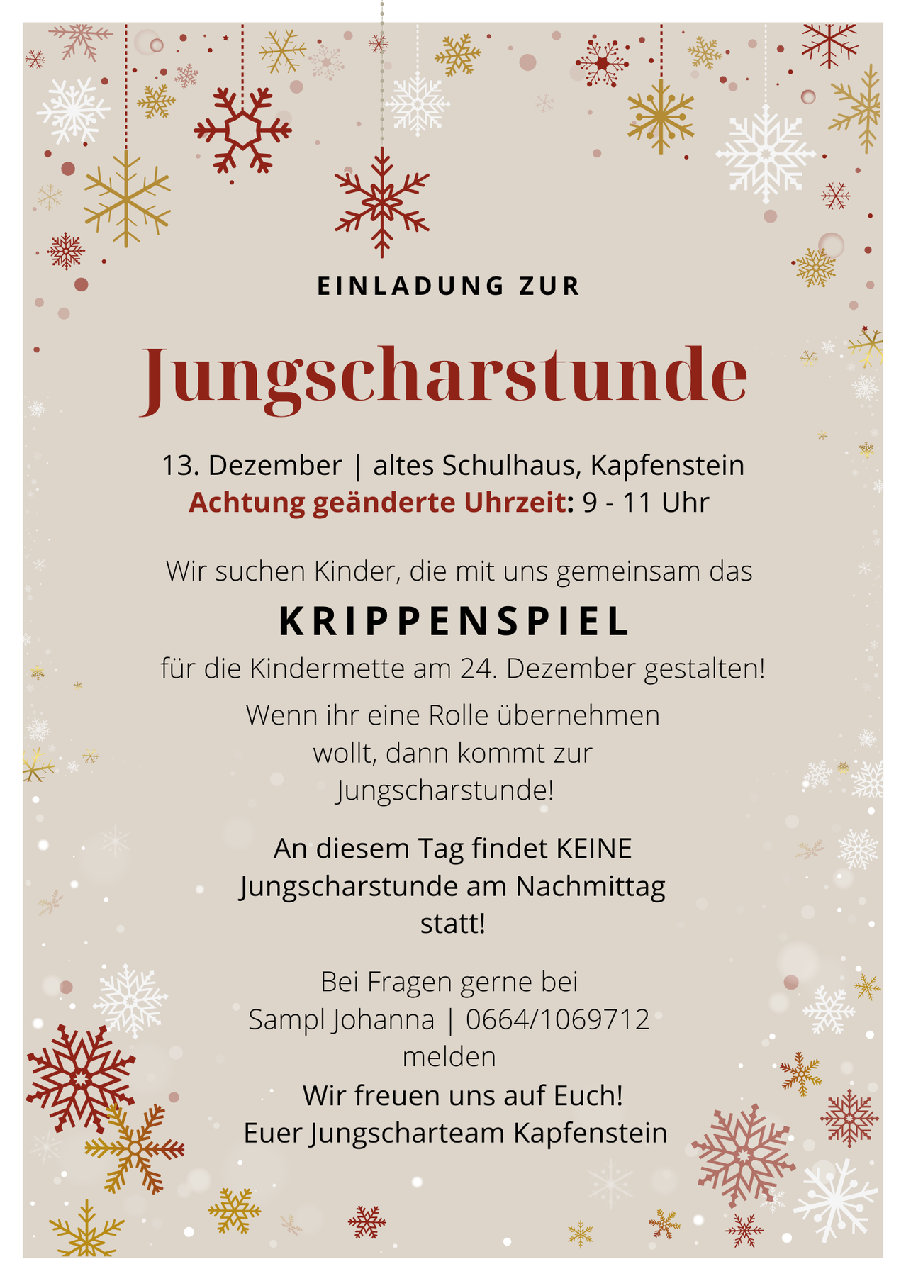 Plakat zur Jugendstunde am 13. Dezember mit Hinweis auf geänderte Öffnungszeiten, Einladung für Kinder, am Weihnachtsspiel teilzunehmen. Keine Jugendstunde am Nachmittag. Für Fragen kontaktieren Sie Johanna.