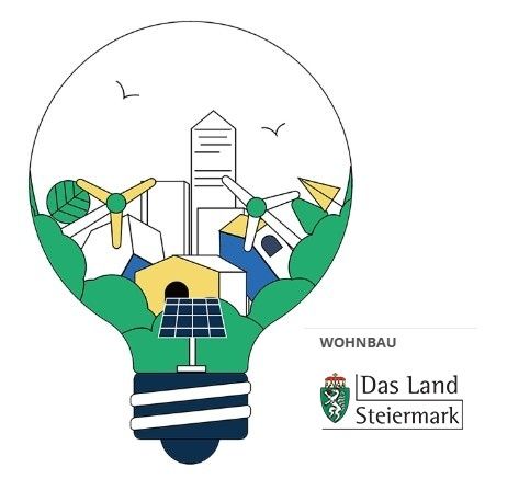 Eine Illustration einer Glühbirne mit einer Stadtlandschaft im Inneren, mit Windrädern, Häusern und einem Solarpanel, mit dem Text 'Wohnbau' und dem Logo für 'Das Land Steiermark.'
