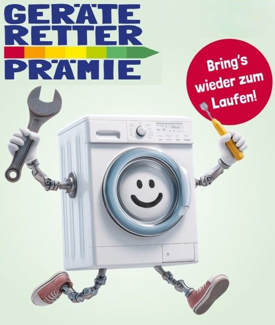 An illustration of a washing machine with a wrench and paintbrush, smiling and holding a red sign that says 'Bring's wieder zum Laufen!' with colorful text 'Gerate Retter Pramie' above it.
