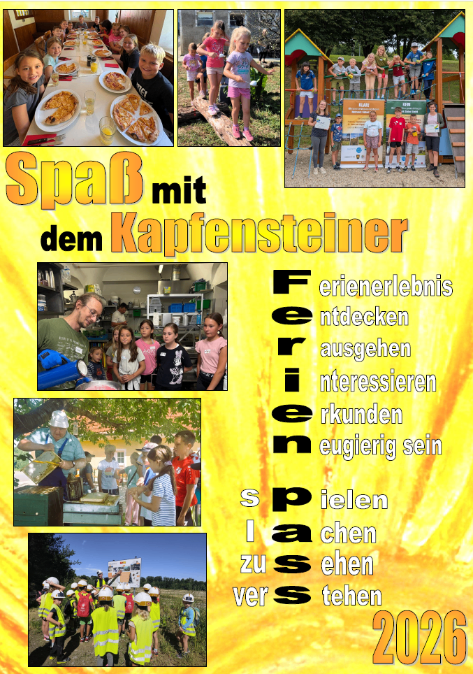 Ein Poster mit verschiedenen Bildern von Kindern und Erwachsenen, die Aktivitäten wie Kochen, Wandern und Spielen durchführen. Das Poster ist hell und farbenfroh mit Text auf Deutsch.
