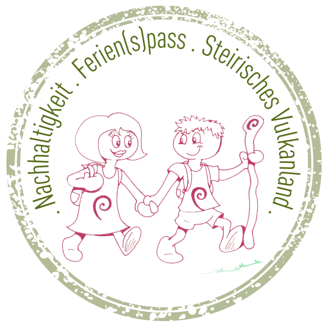 Ein kreisförmiges Logo, das zwei Kinder beim Handhalten mit einem Wanderstock zeigt, umgeben von dem Text 'Nachhaltigkeit. Ferien(s)pass. Steirisches Vulkanland.' in einer verspielten Schrift.