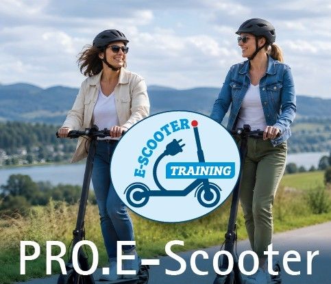 Two women ride electric scooters on a road with a mountain view, wearing helmets and sunglasses. The image promotes 'PRO.E-Scooter' with a training logo.