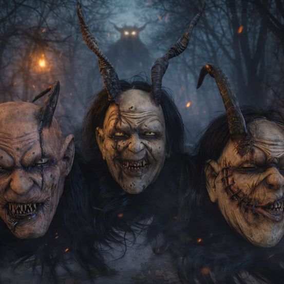 Drei Personen mit Hörnermasken stehen in einem dunklen Wald, beleuchtet von flackerndem Licht. Sie scheinen in einer rituelle Pose zu sein. Eine schattenhafte Gestalt mit leuchtenden Augen lauert hinter ihnen.