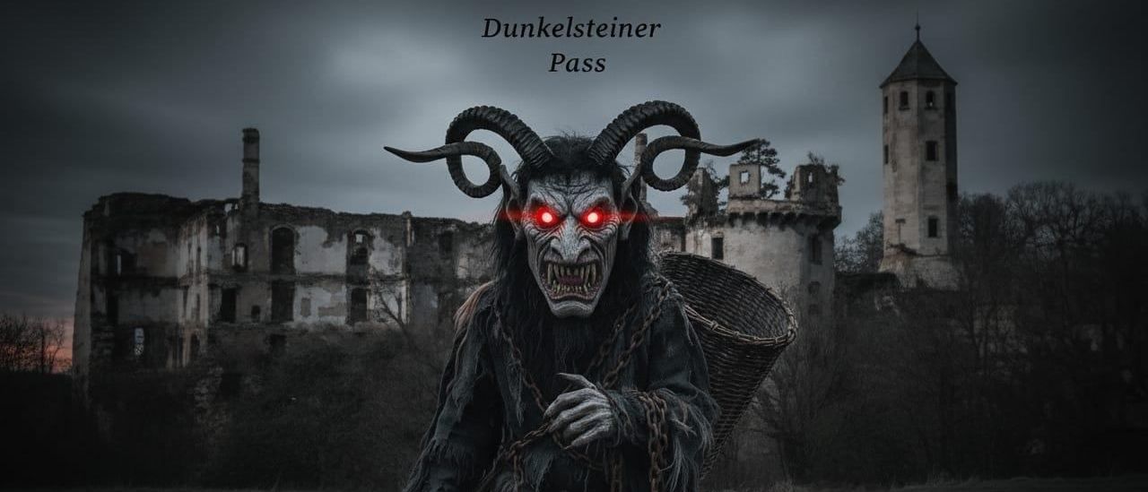Eine als Teufel verkleidete Person steht vor einer alten Burg mit einem Korb und einem Besen in der Hand. Die Burg ist alt und beschädigt.